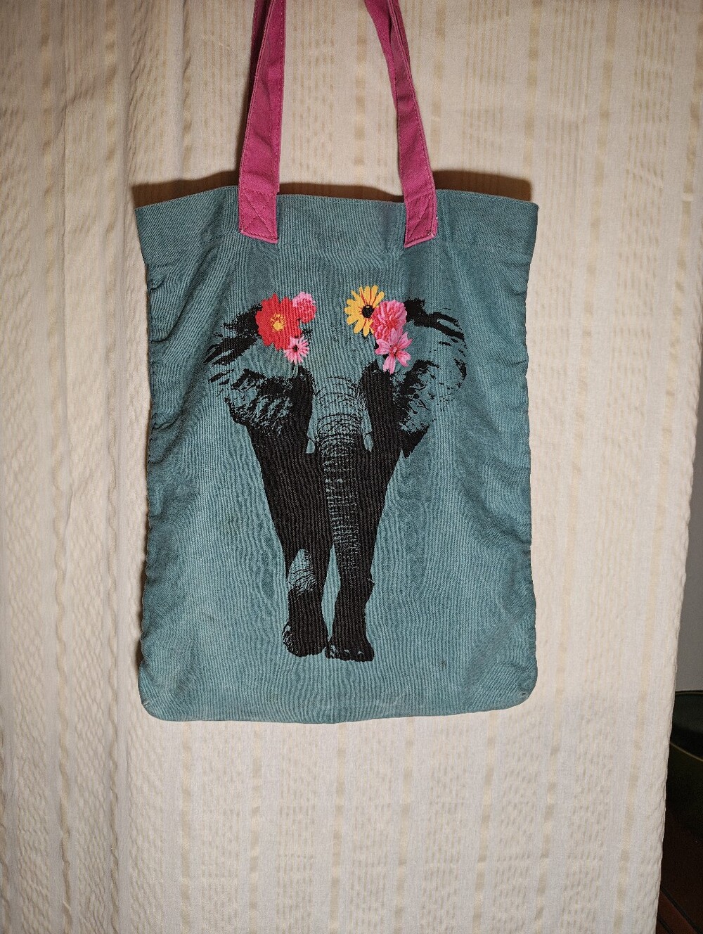 Canvas Blue Elephant Tote with Pink Handles